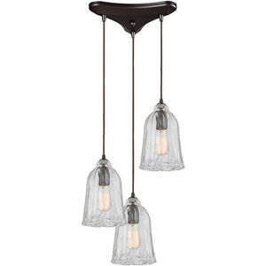 Hand Formed Glass 3 Light 12 inch Oil Rubbed Bronze Mini Pendant Ceiling Light in Triangular Canopy, Triangular