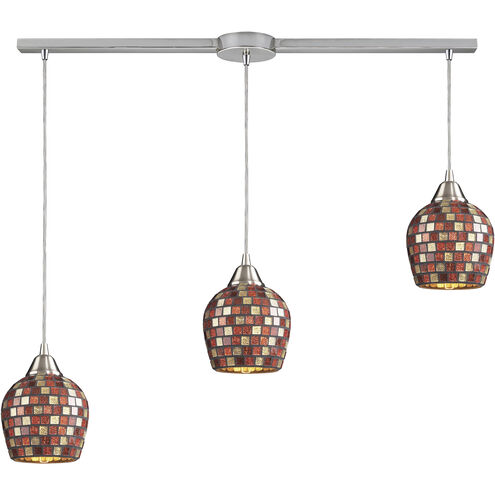 Fusion 3 Light 36 inch Satin Nickel Multi Pendant Ceiling Light in Multi Mosaic Glass, Linear