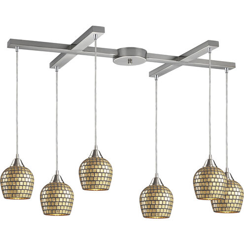 Fusion 6 Light 33 inch Satin Nickel Multi Pendant Ceiling Light in Multi Mosaic Glass, Incandescent, Light Bar, H-Bar