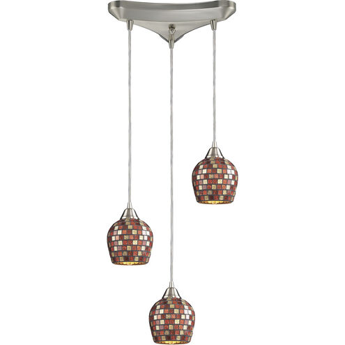Fusion 3 Light 10 inch Satin Nickel Multi Pendant Ceiling Light in Multi Mosaic Glass