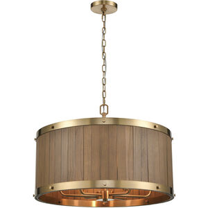 Wooden Barrel 6 Light 25 inch Satin Brass/Medium Oak Chandelier Ceiling Light