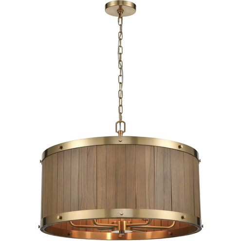 Wooden Barrel 6 Light 25 inch Satin Brass/Medium Oak Chandelier Ceiling Light