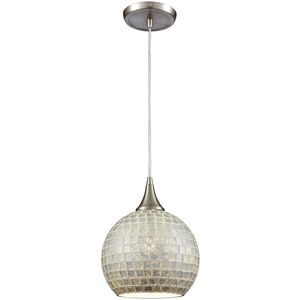 Fusion 1 Light 8 inch Satin Nickel with Silver Mini Pendant Ceiling Light in Silver Mosaic Glass