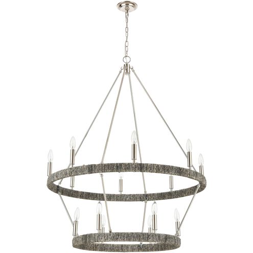 Abaca 14 Light 36 inch Polished Nickel with Gray Abaca Chandelier Ceiling Light