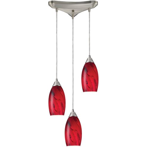 Galaxy 3 Light 10 inch Satin Nickel Mini Pendant Ceiling Light in Red Galaxy Glass