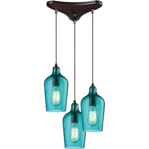Hammered Glass 3 Light 10 inch Oil Rubbed Bronze Mini Pendant Ceiling Light in Hammered Aqua Glass