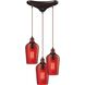 Hammered Glass 3 Light 10 inch Oil Rubbed Bronze Mini Pendant Ceiling Light in Hammered Red Glass