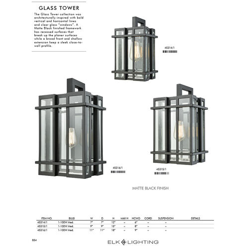 Glass Tower 1 Light 18 inch Matte Black Outdoor Sconce