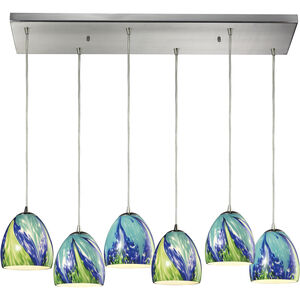 Colorwave 6 Light 30 inch Satin Nickel Multi Pendant Ceiling Light in Tropics Glass, Incandescent, Rectangular Canopy, Tiffany Bronze, Configurable
