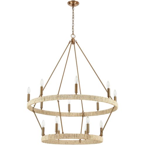 Abaca 14 Light 36 inch Satin Brass with Natural Abaca Chandelier Ceiling Light