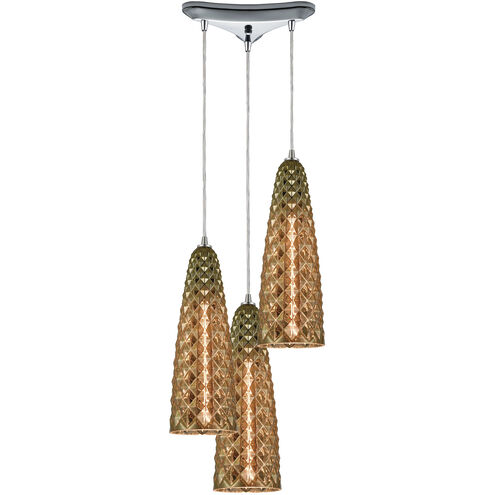 Glitzy 3 Light 12 inch Polished Chrome Mini Pendant Ceiling Light in Triangular Canopy 