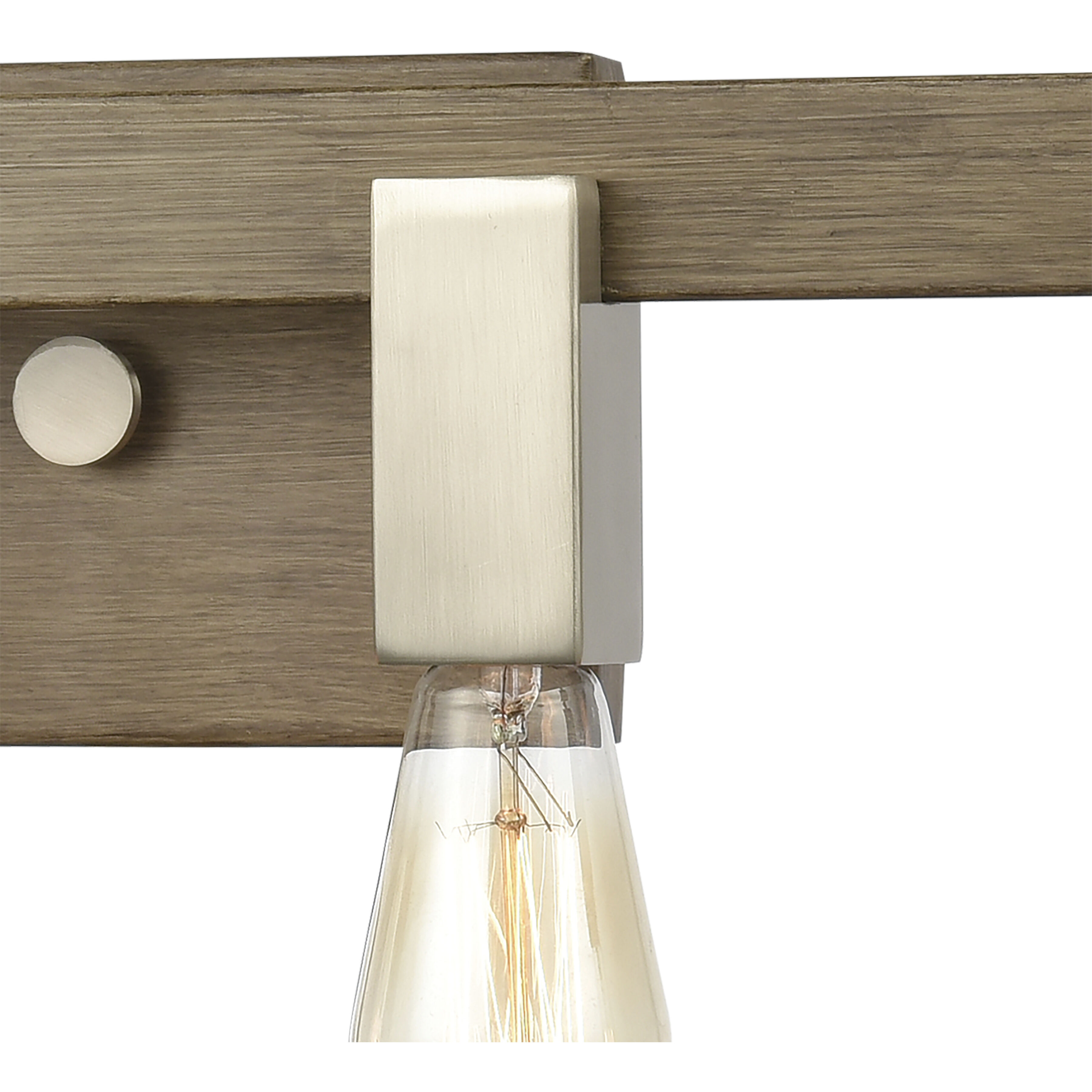 Brushed nickel and store wood vanity light