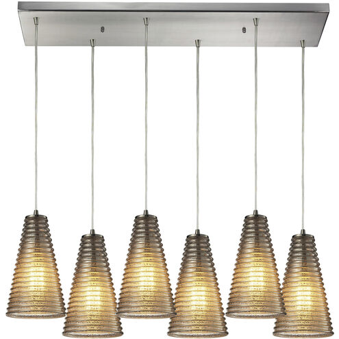 Ribbed Glass 6 Light 9 inch Satin Nickel Mini Pendant Ceiling Light, Rectangular